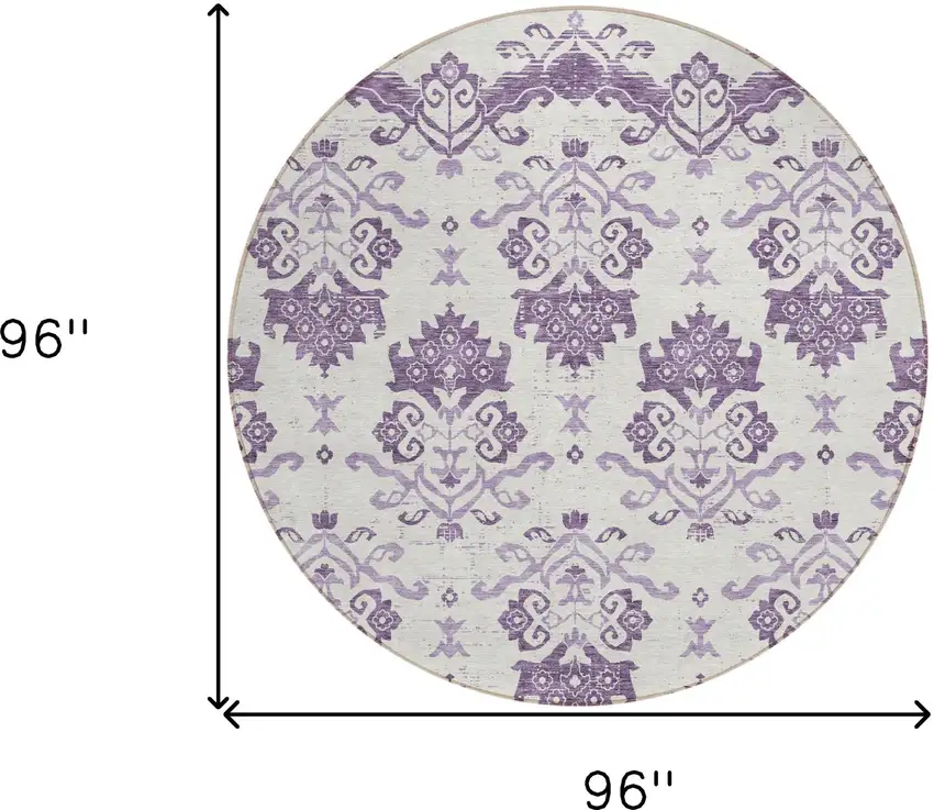 8' Purple Silver And Lilac Round Oriental Washable Indoor Outdoor Area Rug Photo 8