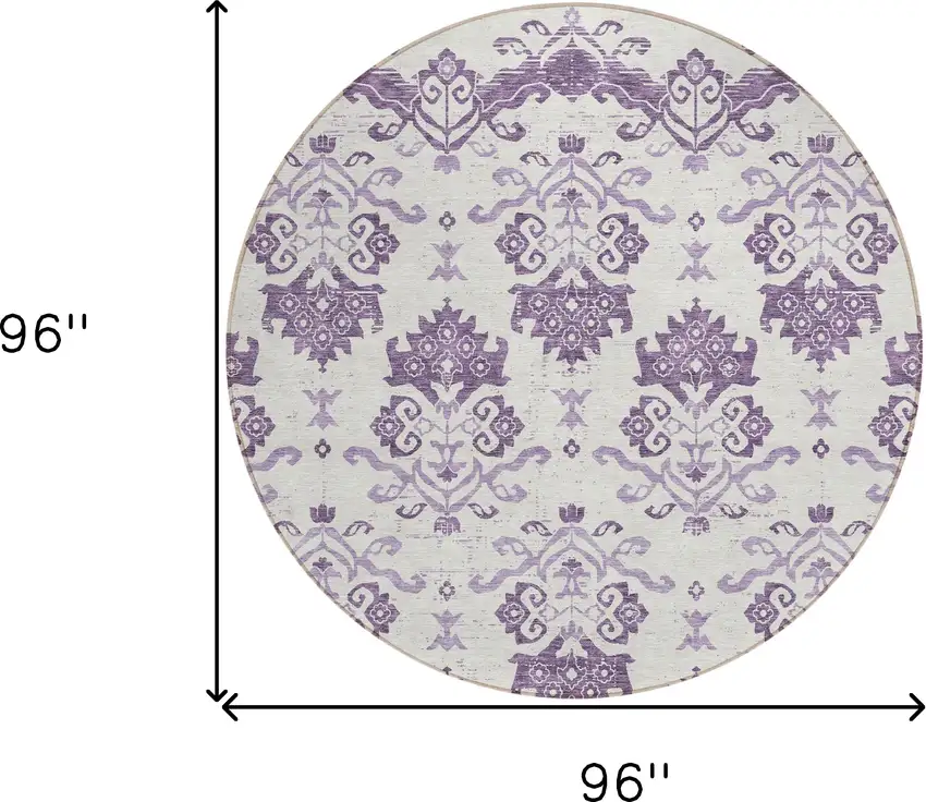 8' Purple Silver And Lilac Round Oriental Washable Indoor Outdoor Area Rug Photo 8