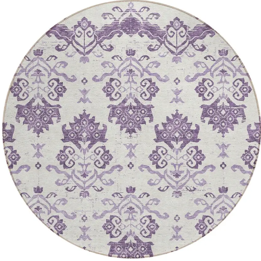 8' Purple Silver And Lilac Round Oriental Washable Indoor Outdoor Area Rug Photo 5