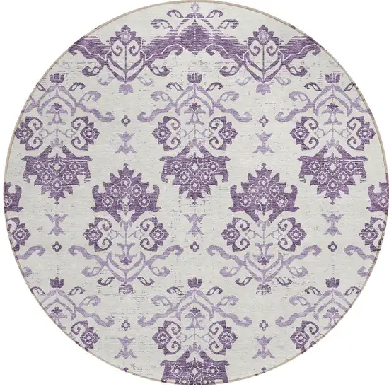 8' Purple Silver And Lilac Round Oriental Washable Indoor Outdoor Area Rug Photo 5