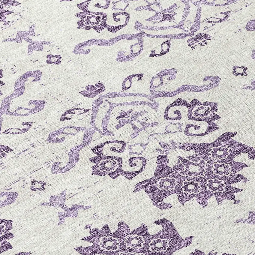 8' Purple Silver And Lilac Round Oriental Washable Indoor Outdoor Area Rug Photo 9