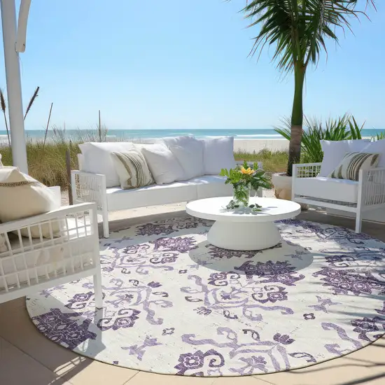 8' Purple Silver And Lilac Round Oriental Washable Indoor Outdoor Area Rug Photo 6