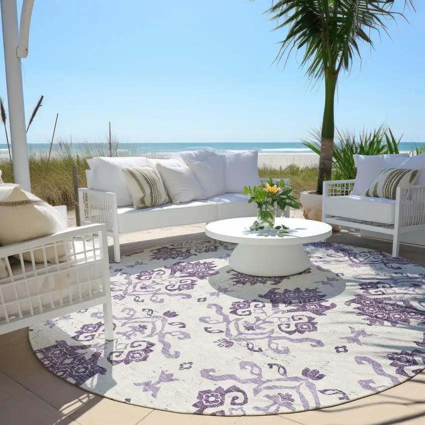 8' Purple Silver And Lilac Round Oriental Washable Indoor Outdoor Area Rug Photo 6