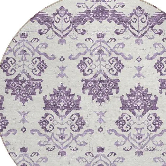 8' Purple Silver And Lilac Round Oriental Washable Indoor Outdoor Area Rug Photo 4