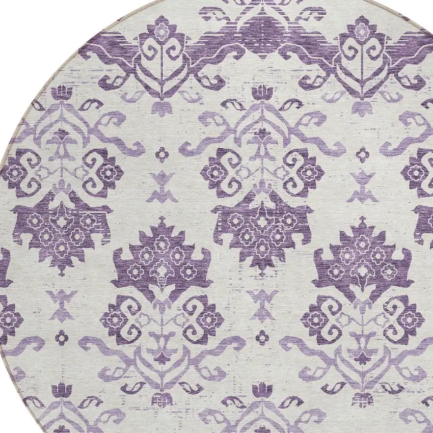 8' Purple Silver And Lilac Round Oriental Washable Indoor Outdoor Area Rug Photo 4