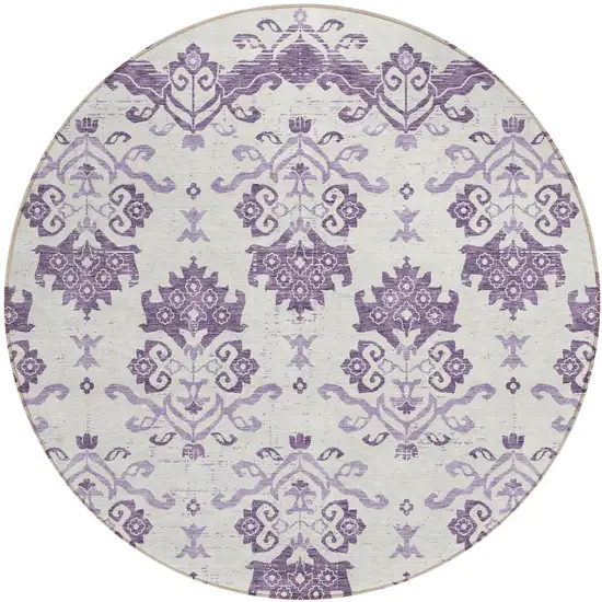 8' Purple Silver And Lilac Round Oriental Washable Indoor Outdoor Area Rug Photo 1