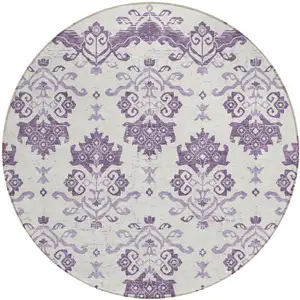 Photo of 8' Purple Silver And Lilac Round Oriental Washable Indoor Outdoor Area Rug