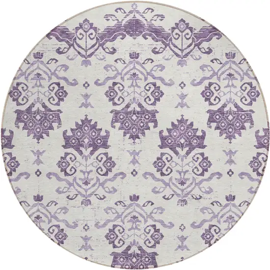 8' Purple Silver And Lilac Round Oriental Washable Indoor Outdoor Area Rug Photo 1