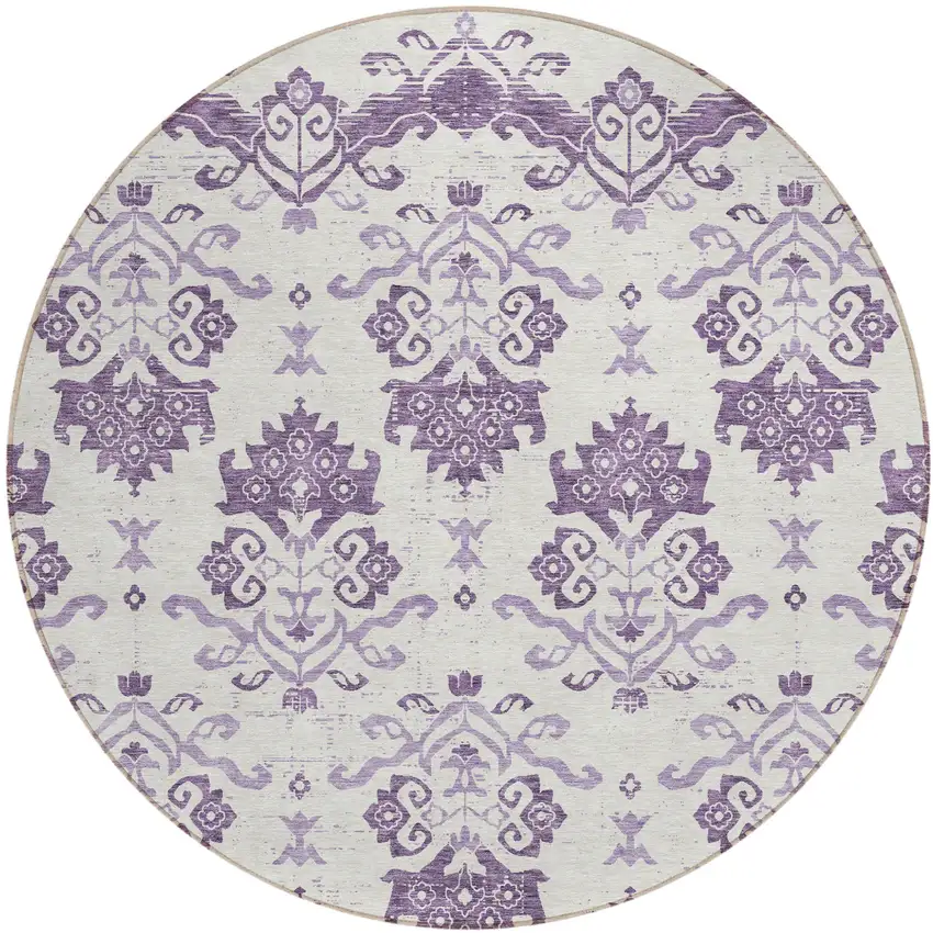 8' Purple Silver And Lilac Round Oriental Washable Indoor Outdoor Area Rug Photo 1