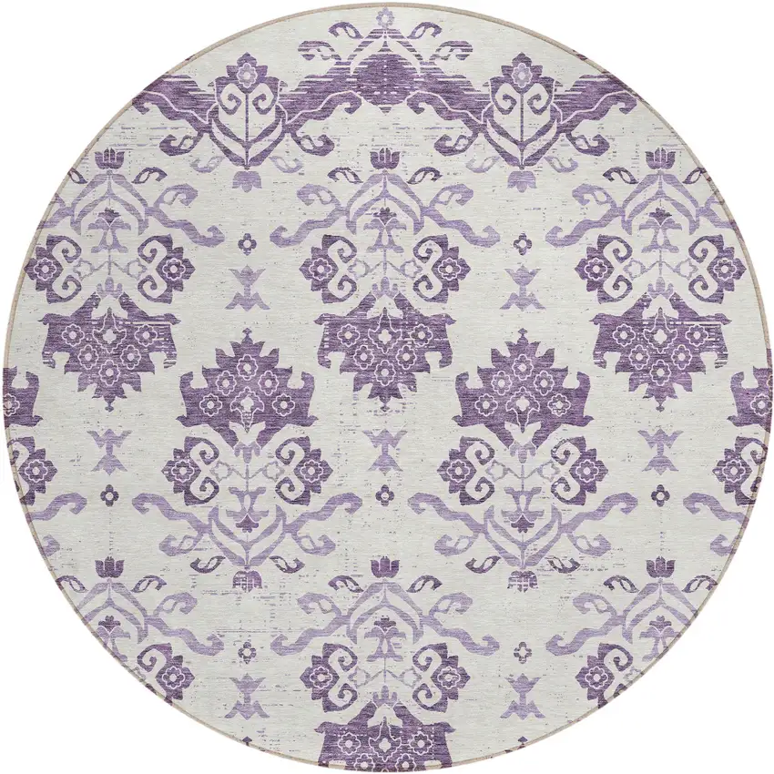 8' Purple Silver And Lilac Round Oriental Washable Indoor Outdoor Area Rug Photo 1