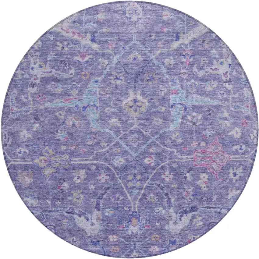 8' Purple Sky Blue And Silver Round Floral Washable Indoor Outdoor Area Rug Photo 2