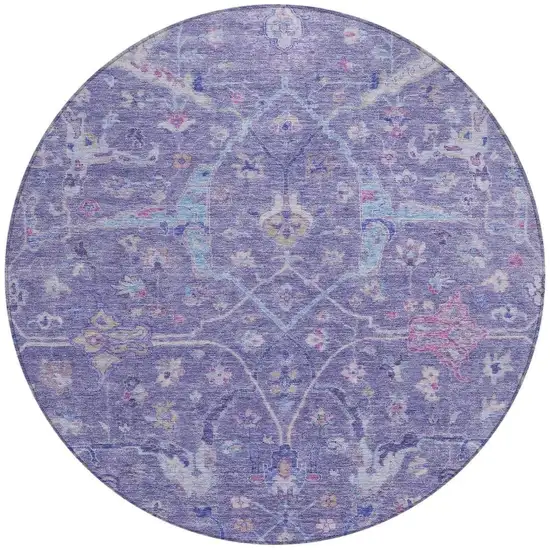 8' Purple Sky Blue And Silver Round Floral Washable Indoor Outdoor Area Rug Photo 4
