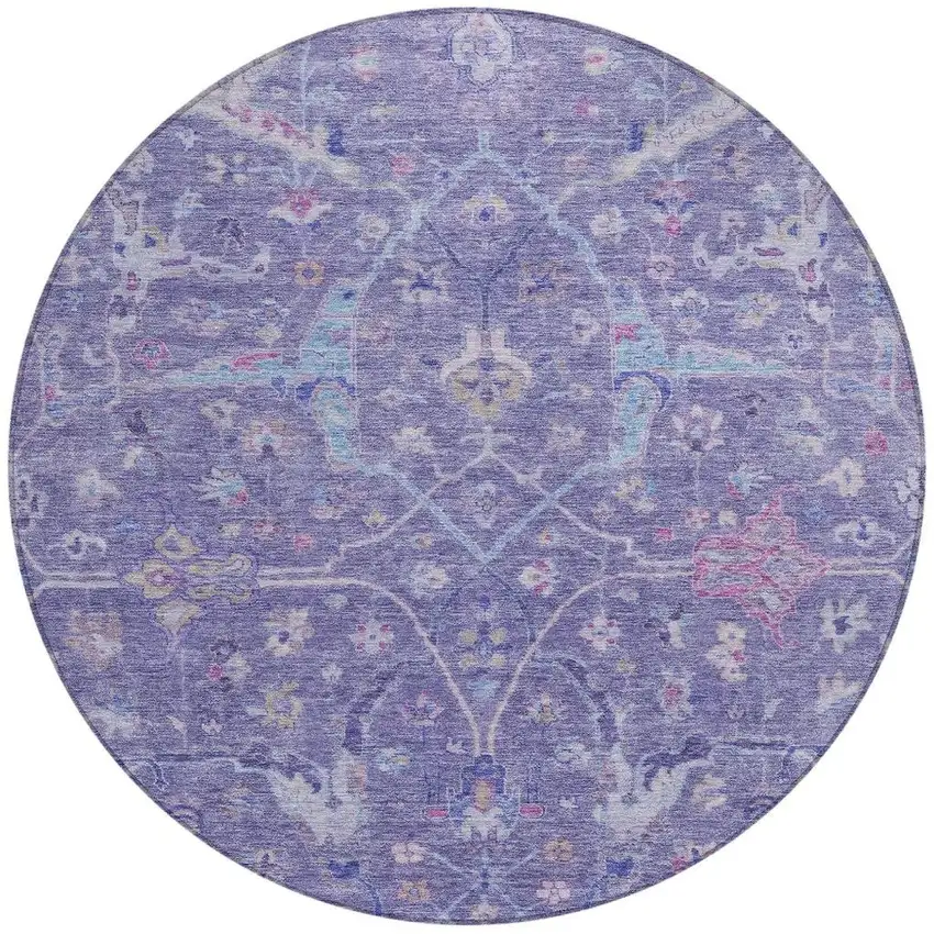 8' Purple Sky Blue And Silver Round Floral Washable Indoor Outdoor Area Rug Photo 4