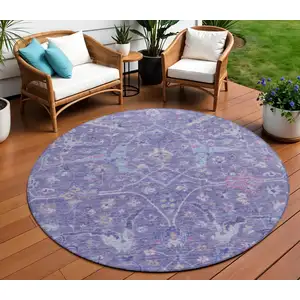 Photo of 8' Purple Sky Blue And Silver Round Floral Washable Indoor Outdoor Area Rug