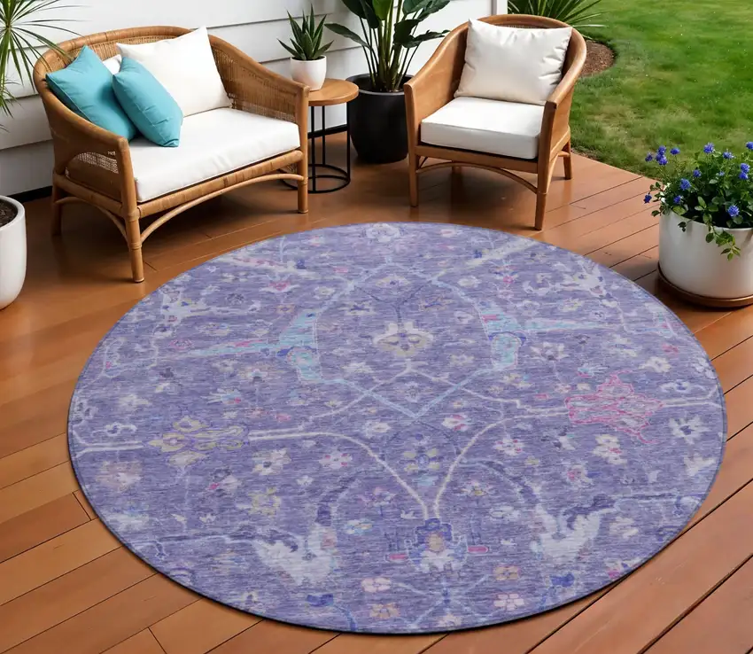 8' Purple Sky Blue And Silver Round Floral Washable Indoor Outdoor Area Rug Photo 1