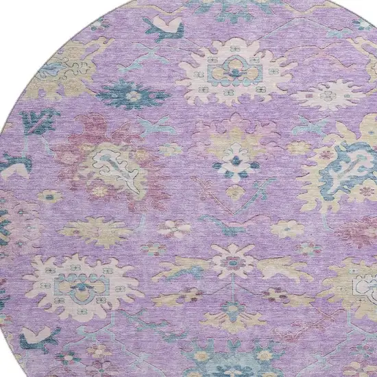 8' Purple Teal And Gold Floral Washable Round Rug With UV Protection Photo 2