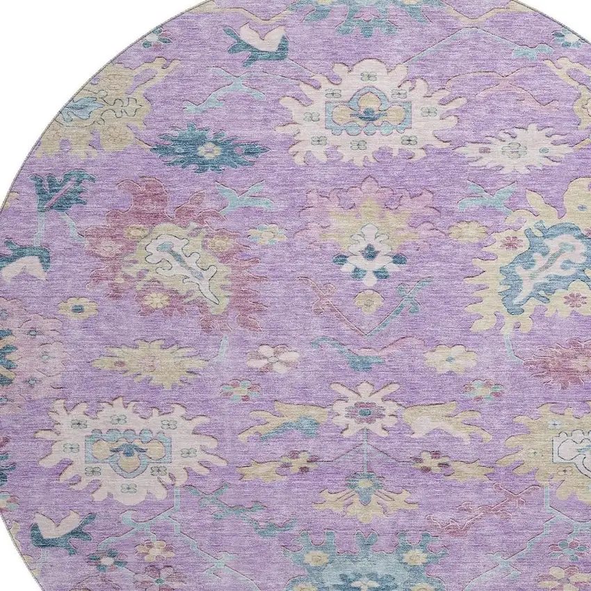 8' Purple Teal And Gold Floral Washable Round Rug With UV Protection Photo 2