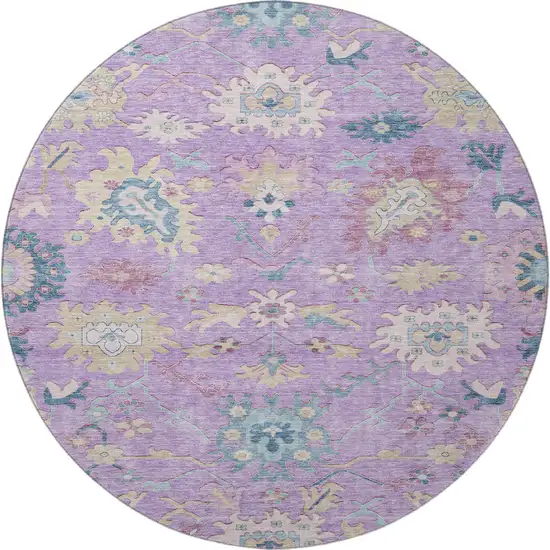 8' Purple Teal And Gold Floral Washable Round Rug With UV Protection Photo 3