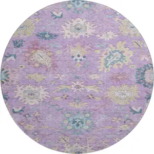 Photo of 8' Purple Teal And Gold Floral Washable Round Rug With UV Protection