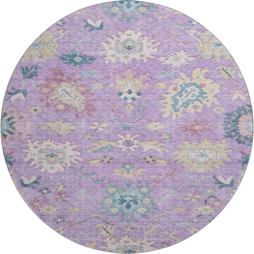 8' Purple Teal And Gold Floral Washable Round Rug With UV Protection Photo 1