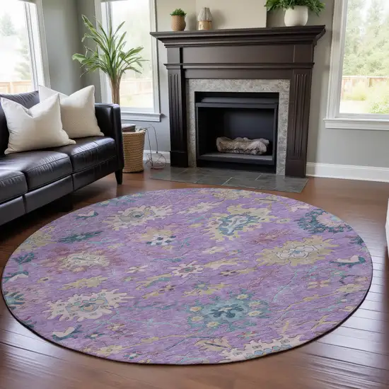 8' Purple Teal And Gold Floral Washable Round Rug With UV Protection Photo 4