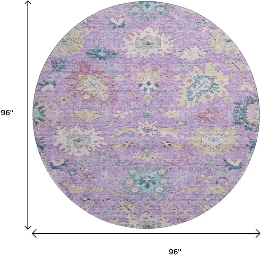 8' Purple Teal And Gold Floral Washable Round Rug With UV Protection Photo 9