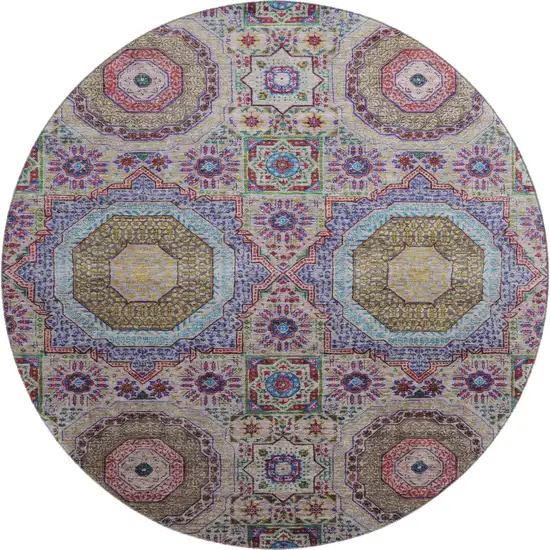 8' Purple Teal And Red Medallion Washable Round Rug With UV Protection Photo 1