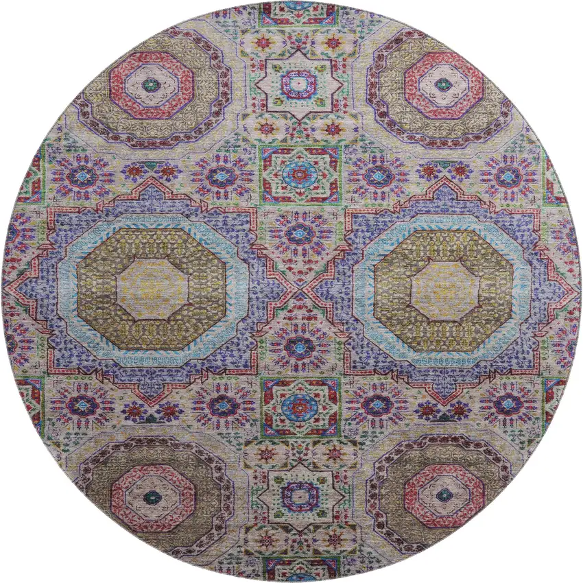 8' Purple Teal And Red Medallion Washable Round Rug With UV Protection Photo 1