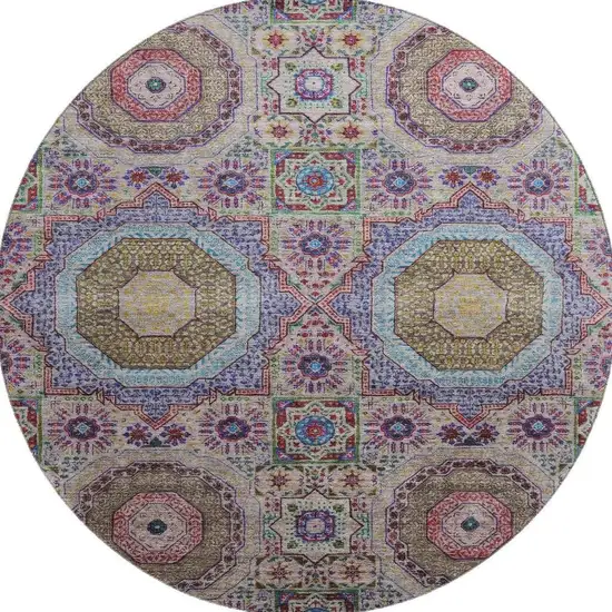 8' Purple Teal And Red Medallion Washable Round Rug With UV Protection Photo 4