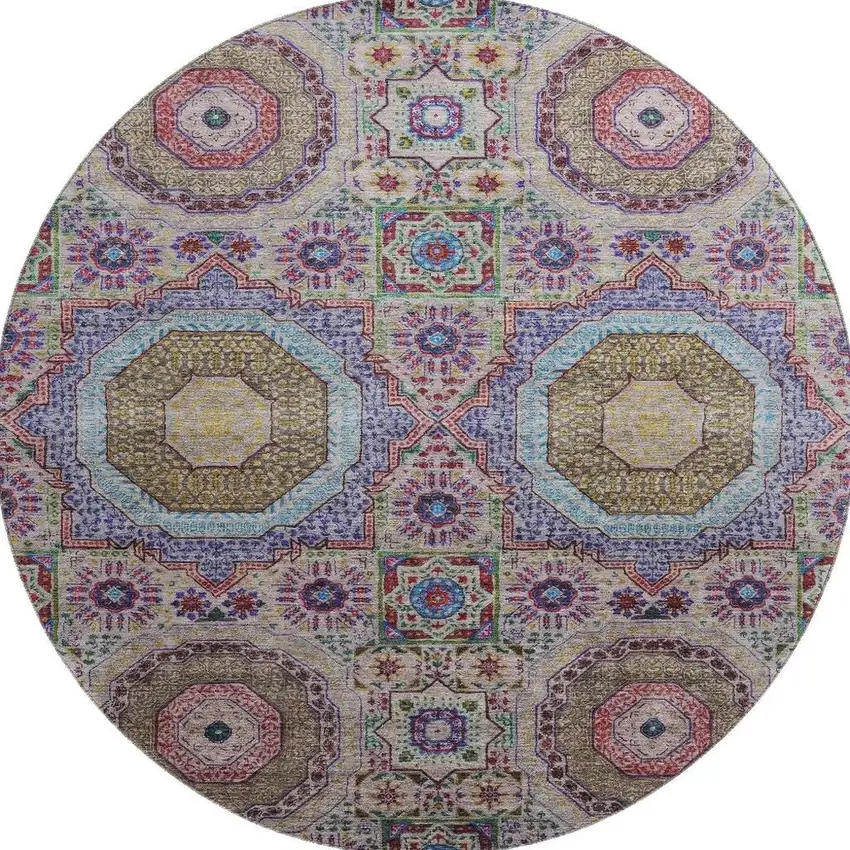 8' Purple Teal And Red Medallion Washable Round Rug With UV Protection Photo 4