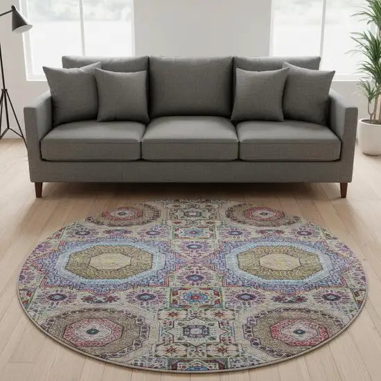8' Purple Teal And Red Medallion Washable Round Rug With UV Protection Photo 2