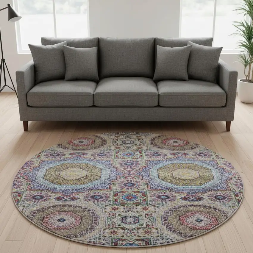8' Purple Teal And Red Medallion Washable Round Rug With UV Protection Photo 2