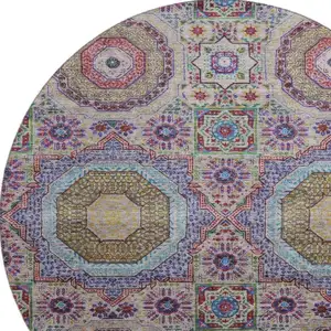 Photo of 8' Purple Teal And Red Medallion Washable Round Rug With UV Protection