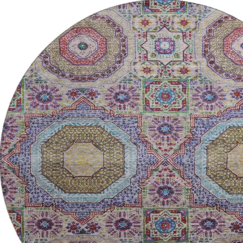 8' Purple Teal And Red Medallion Washable Round Rug With UV Protection Photo 3