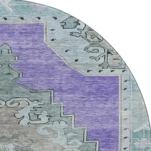 Photo of 8' Purple Teal And Taupe Oriental Washable Round Rug With UV Protection