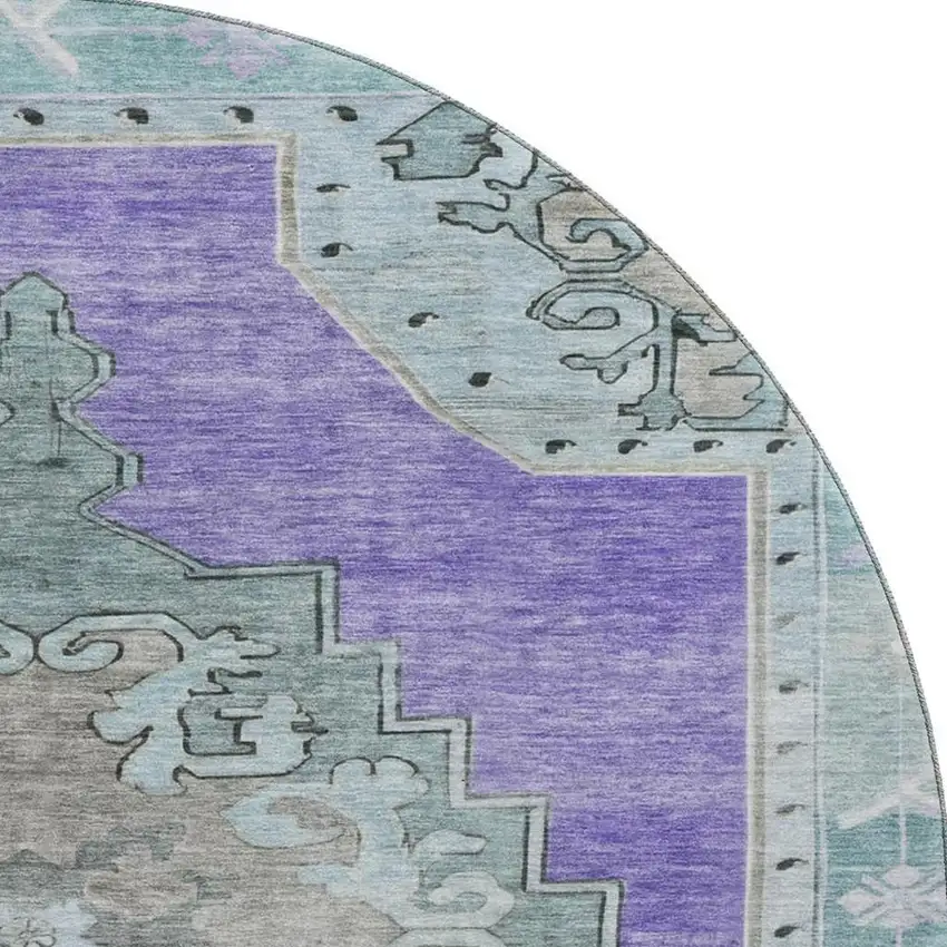 8' Purple Teal And Taupe Oriental Washable Round Rug With UV Protection Photo 3