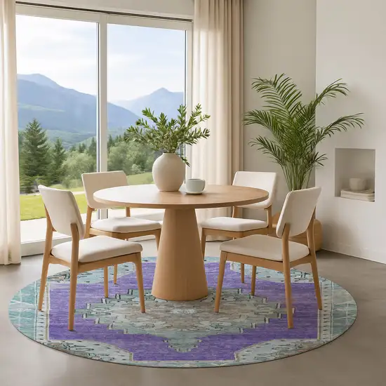 8' Purple Teal And Taupe Oriental Washable Round Rug With UV Protection Photo 4