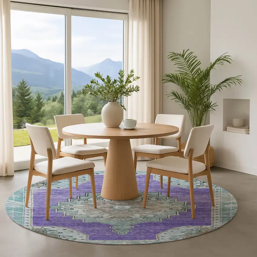 8' Purple Teal And Taupe Oriental Washable Round Rug With UV Protection Photo 4