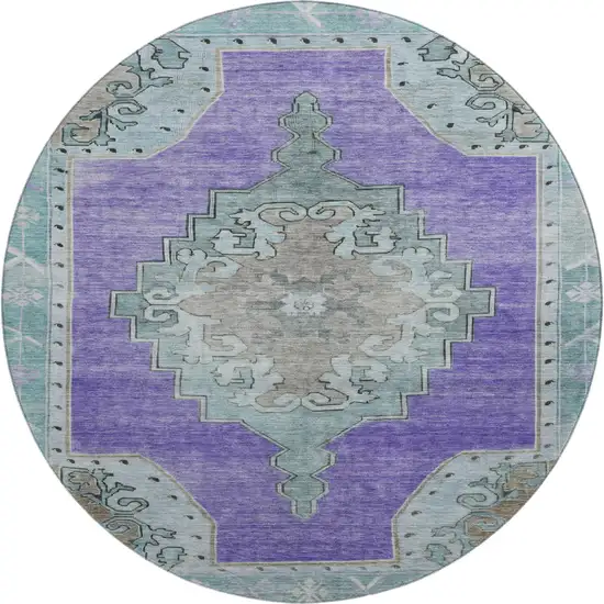 8' Purple Teal And Taupe Oriental Washable Round Rug With UV Protection Photo 1