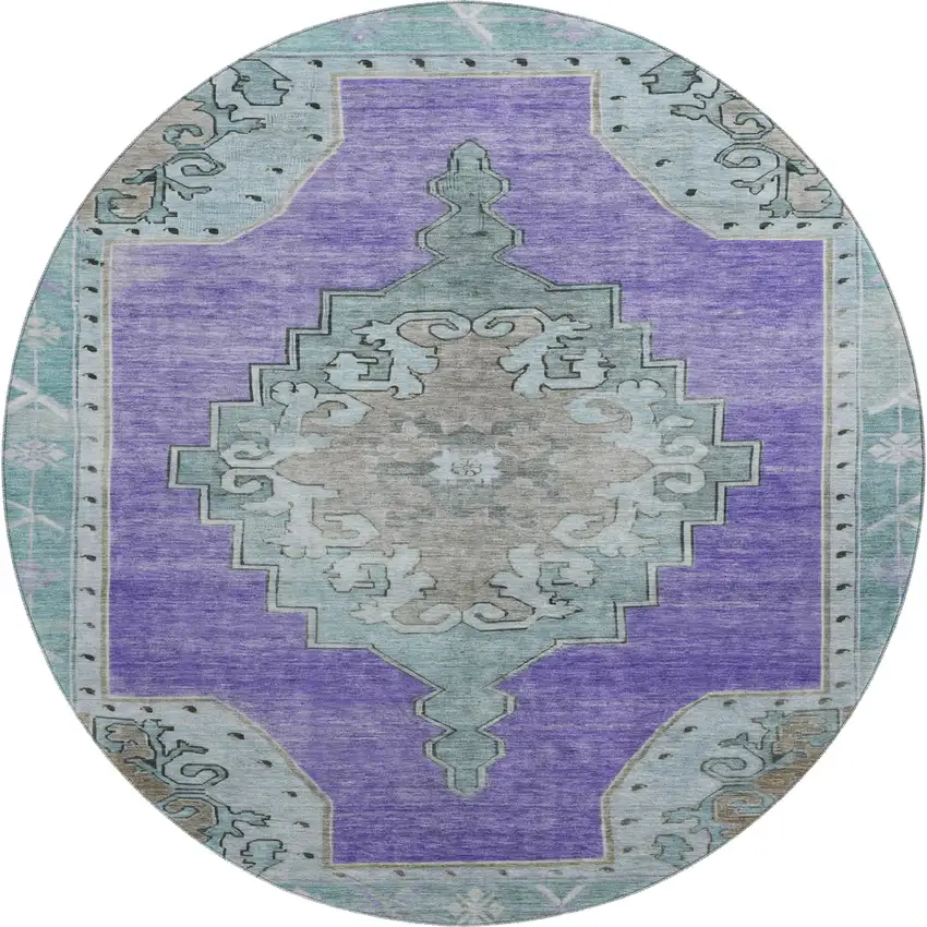 8' Purple Teal And Taupe Oriental Washable Round Rug With UV Protection Photo 1