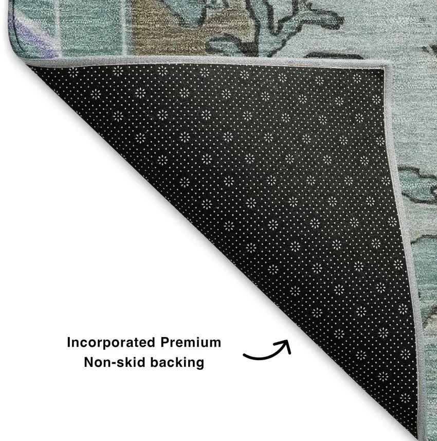 8' Purple Teal And Taupe Oriental Washable Round Rug With UV Protection Photo 5