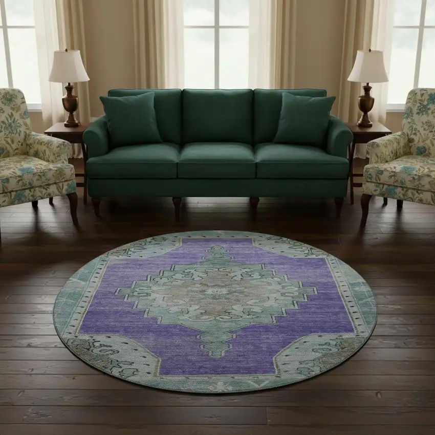 8' Purple Teal And Taupe Oriental Washable Round Rug With UV Protection Photo 2