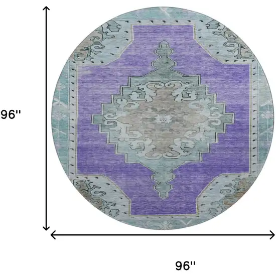 8' Purple Teal And Taupe Oriental Washable Round Rug With UV Protection Photo 9