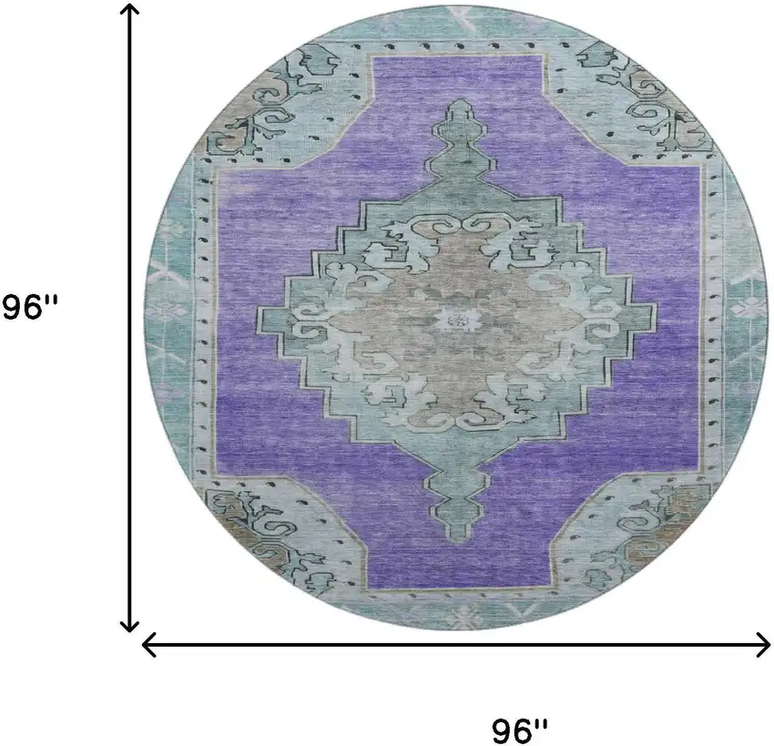 8' Purple Teal And Taupe Oriental Washable Round Rug With UV Protection Photo 9
