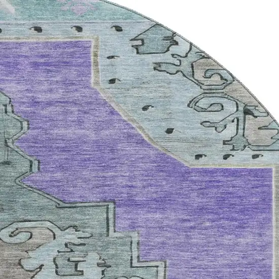 8' Purple Teal And Taupe Oriental Washable Round Rug With UV Protection Photo 2