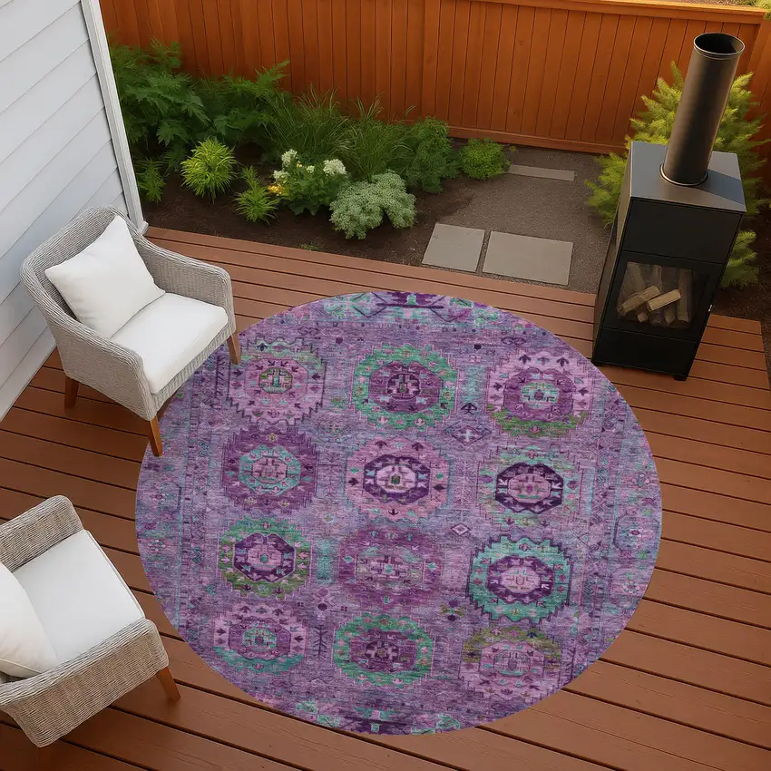 8' Purple Teal Blue And Green Round Medallion Washable Indoor Outdoor Area Rug Photo 8
