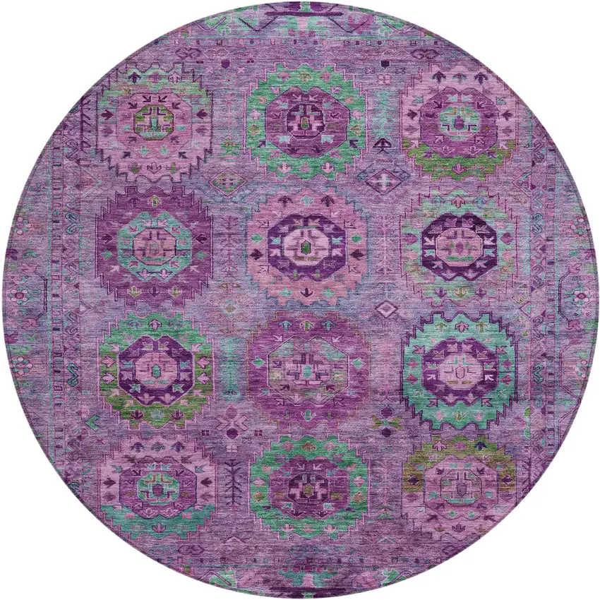 8' Purple Teal Blue And Green Round Medallion Washable Indoor Outdoor Area Rug Photo 2