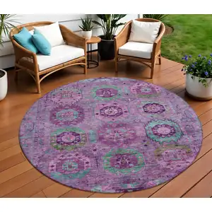 Photo of 8' Purple Teal Blue And Green Round Medallion Washable Indoor Outdoor Area Rug