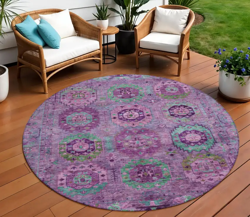8' Purple Teal Blue And Green Round Medallion Washable Indoor Outdoor Area Rug Photo 1