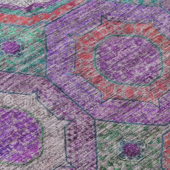 8' Purple Teal Blue And Lime Green Round Geometric Washable Indoor Outdoor Area Rug Photo 8